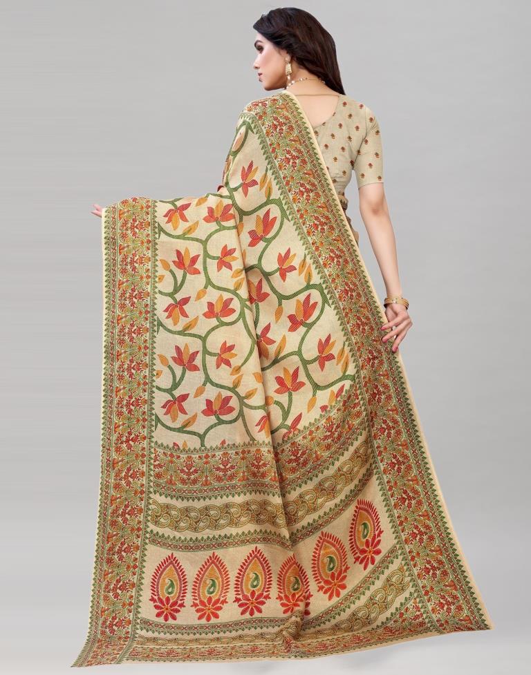 Beige Jute Printed Saree | Sudathi