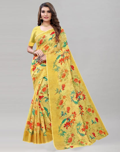 Yellow Cotton Printed Saree | Sudathi