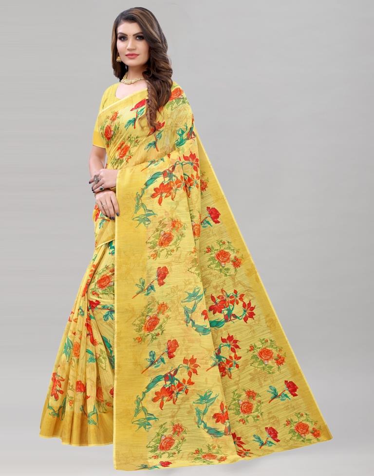 Yellow Cotton Printed Saree | Sudathi