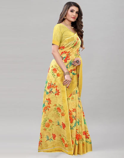 Yellow Cotton Printed Saree | Sudathi