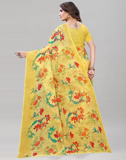 Yellow Cotton Printed Saree | Sudathi