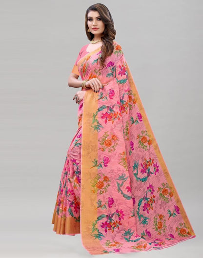 Pink Cotton Printed Saree | Sudathi