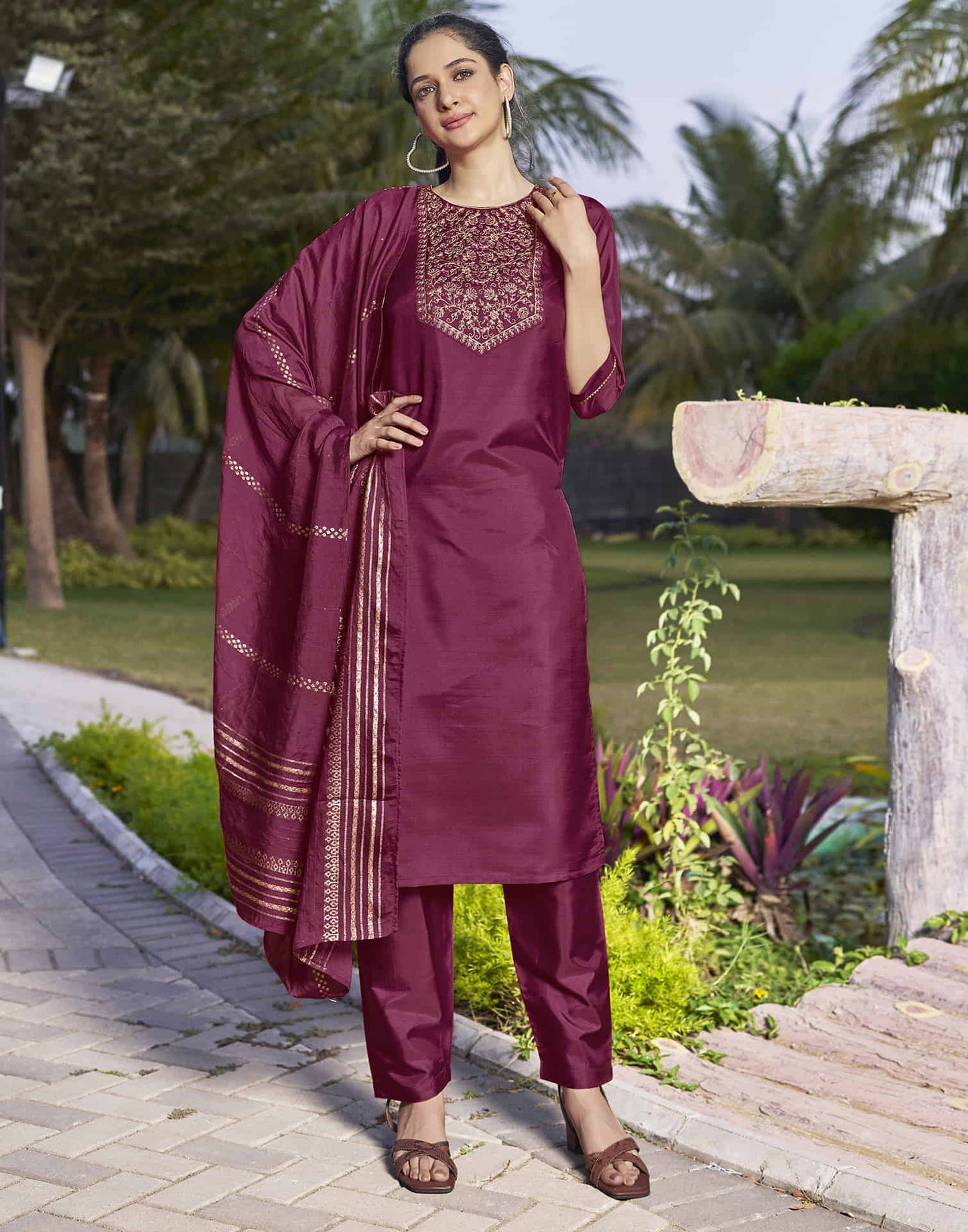 Dark Pink Embroidery Silk Straight Kurta With Pant And Dupatta