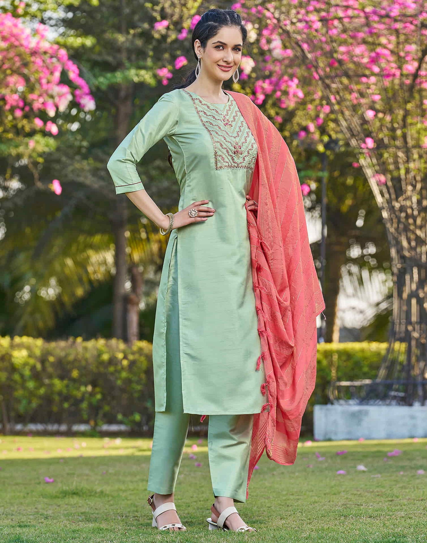 Light Pista Green Embroidery Silk Straight Kurta With Pant And Dupatta