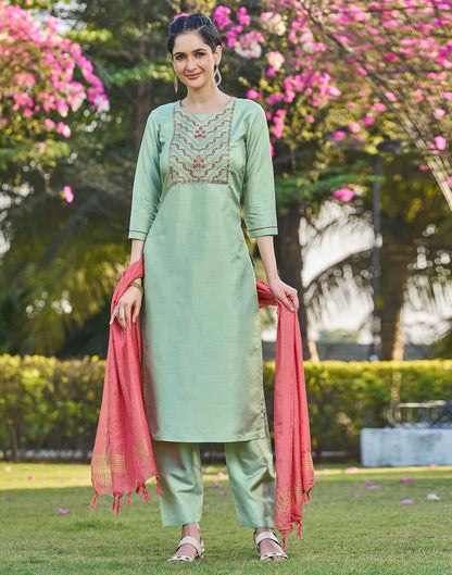 Light Pista Green Embroidery Silk Straight Kurta With Pant And Dupatta