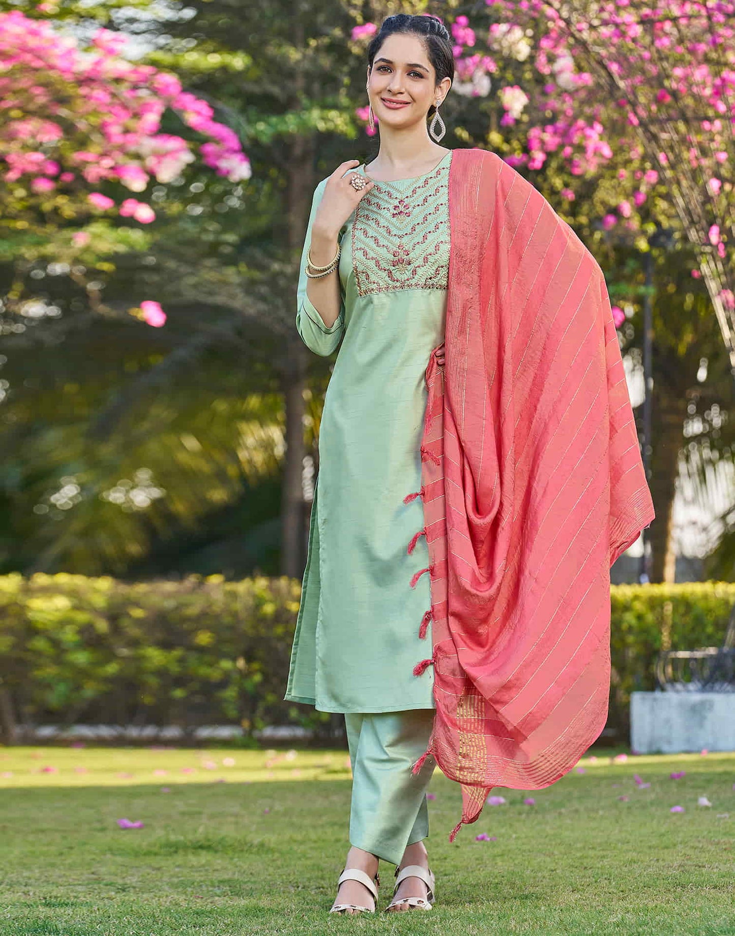 Light Pista Green Embroidery Silk Straight Kurta With Pant And Dupatta