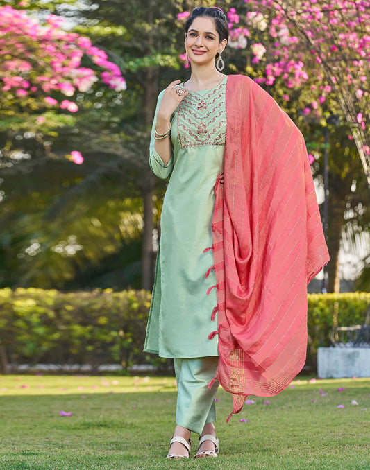 Light Pista Green Embroidery Silk Straight Kurta With Pant And Dupatta