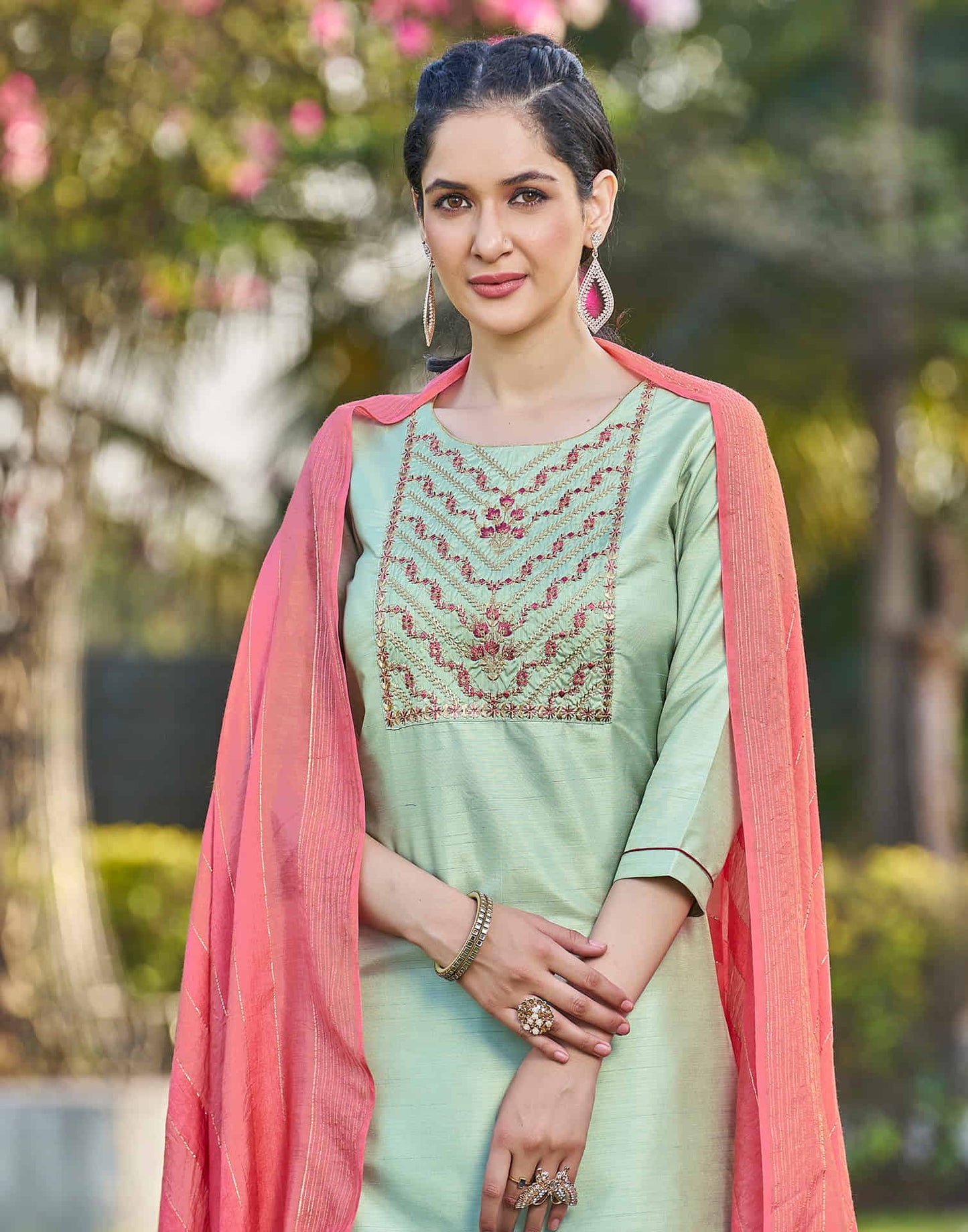 Light Pista Green Embroidery Silk Straight Kurta With Pant And Dupatta