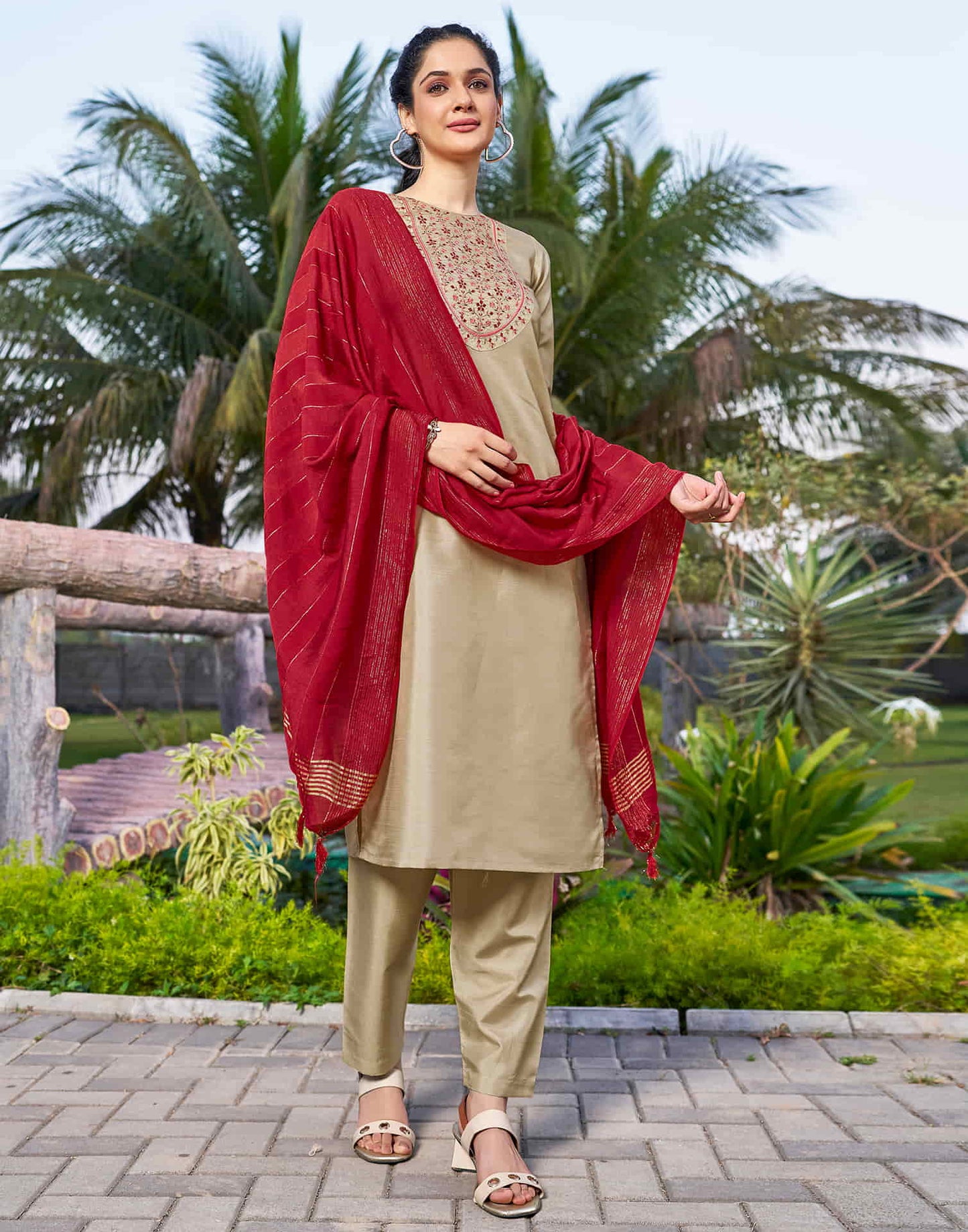 Beige Embroidery Silk Straight Kurta With Pant And Dupatta