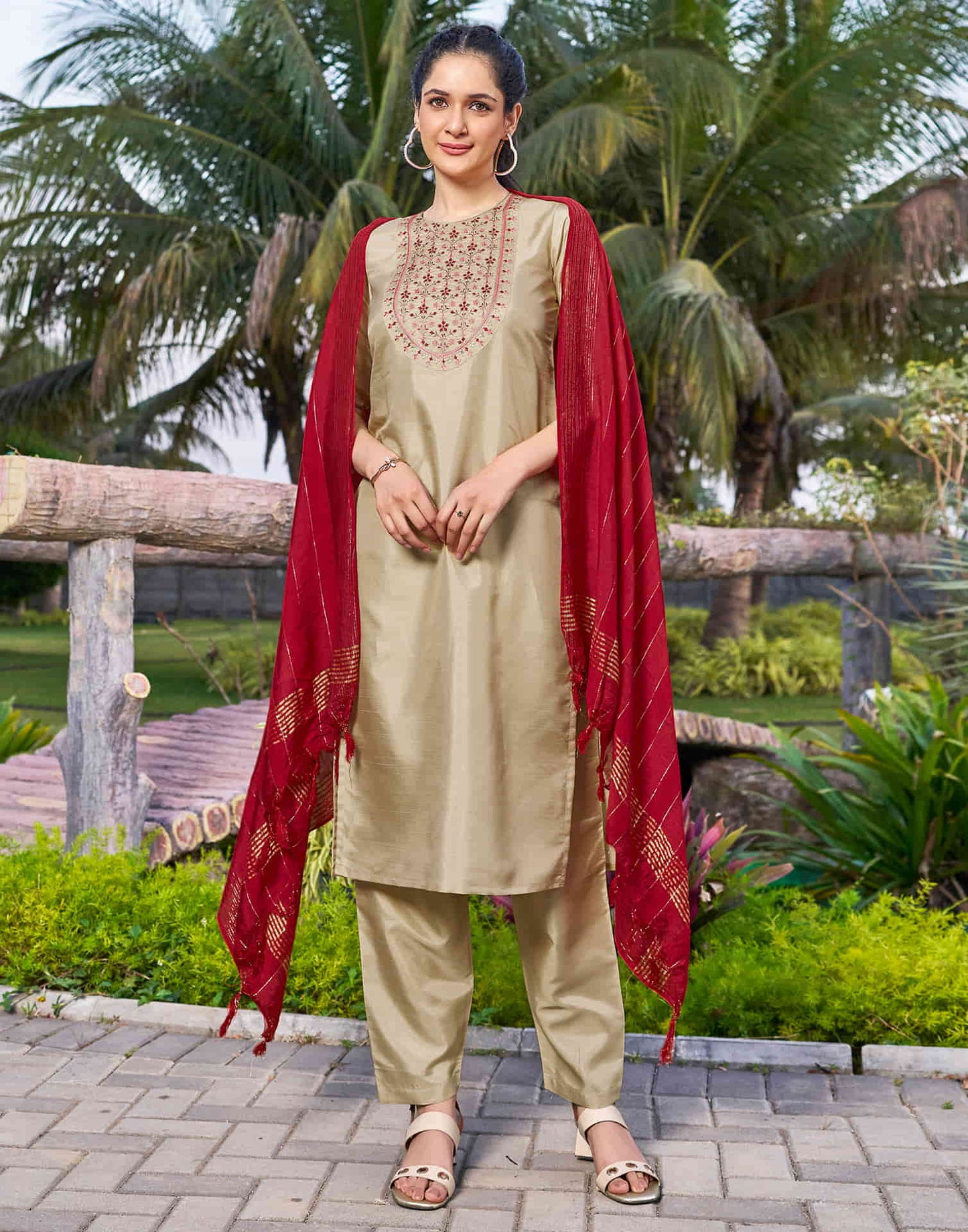 Beige Embroidery Silk Straight Kurta With Pant And Dupatta