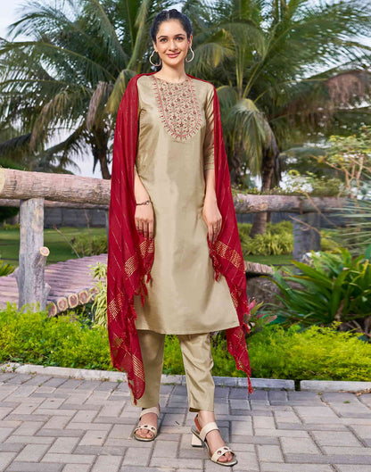 Beige Embroidery Silk Straight Kurta With Pant And Dupatta