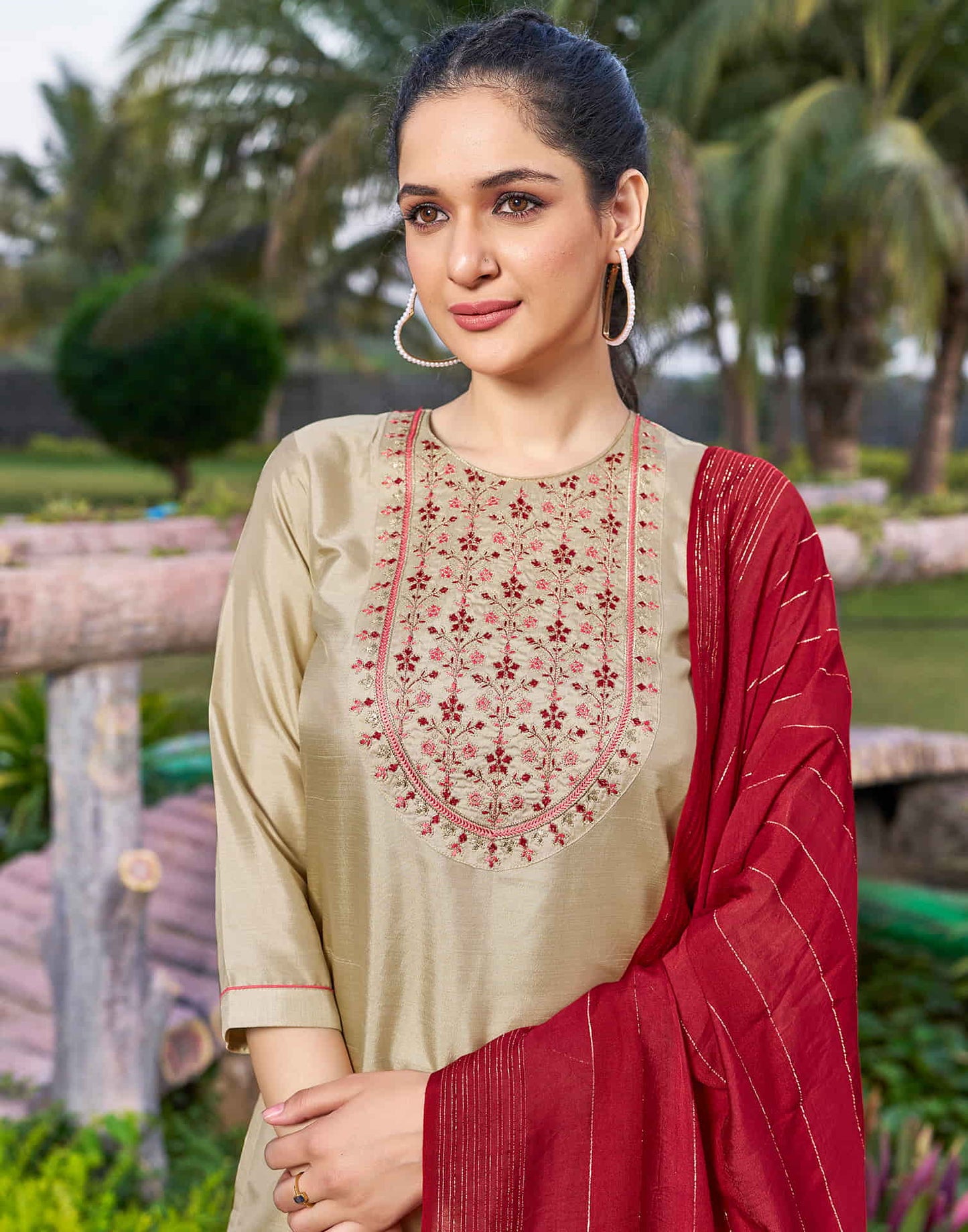 Beige Embroidery Silk Straight Kurta With Pant And Dupatta