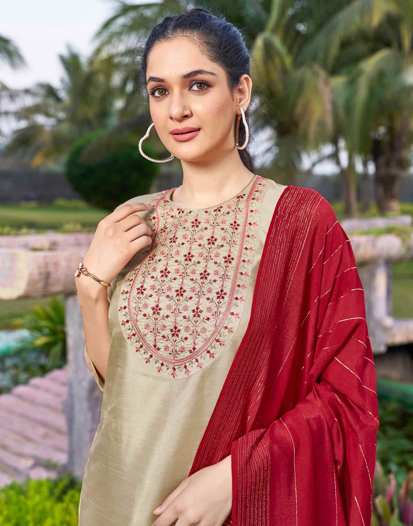 Beige Embroidery Silk Straight Kurta With Pant And Dupatta