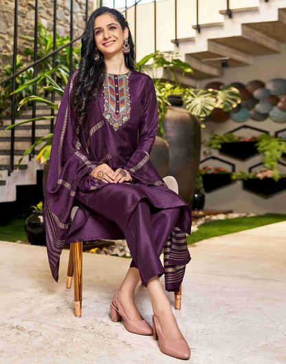 Wine Embroidery Silk Straight Kurta Set With Dupatta