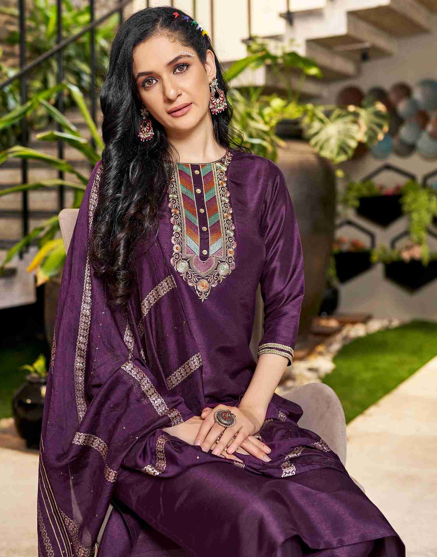 Wine Embroidery Silk Straight Kurta Set With Dupatta