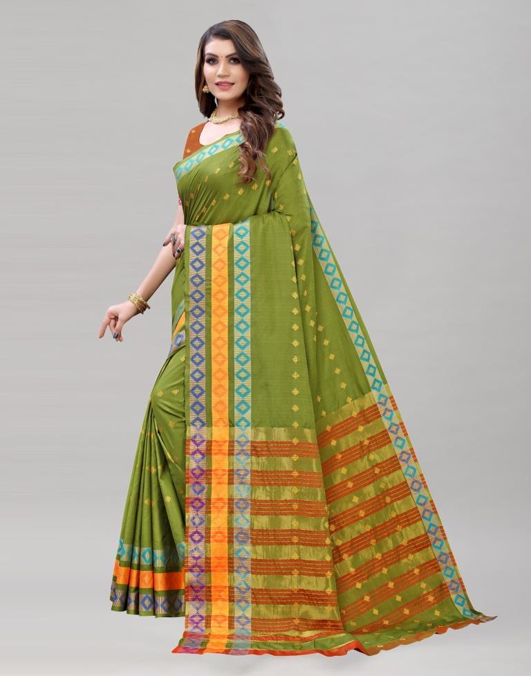 Olive Green Cotton Saree | Sudathi