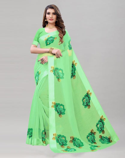 Ethnic Green Cotton Printed Saree | Sudathi