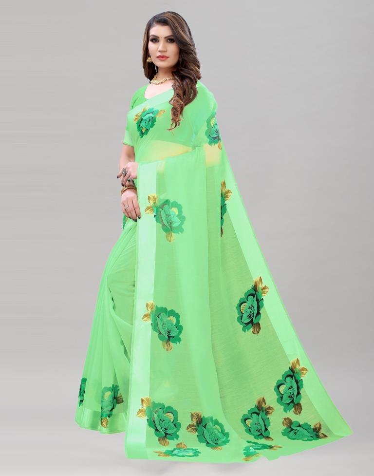 Ethnic Green Cotton Printed Saree | Sudathi