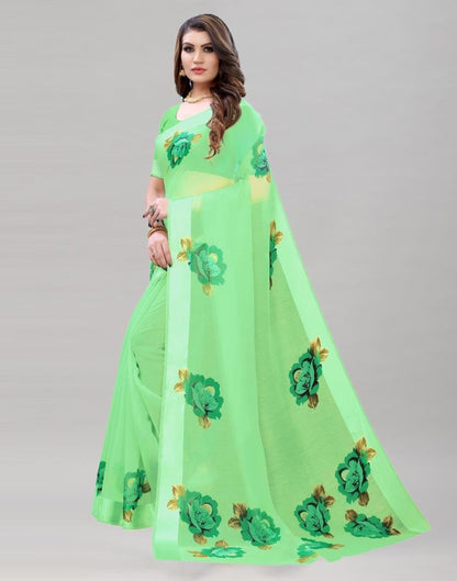 Ethnic Green Cotton Printed Saree | Sudathi