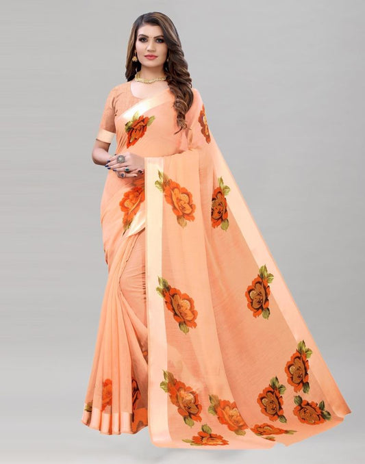 Orange Cotton Printed Saree | Sudathi