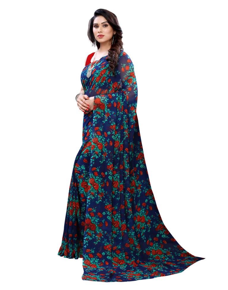 Brilliant Navy Blue Printed Saree | Sudathi