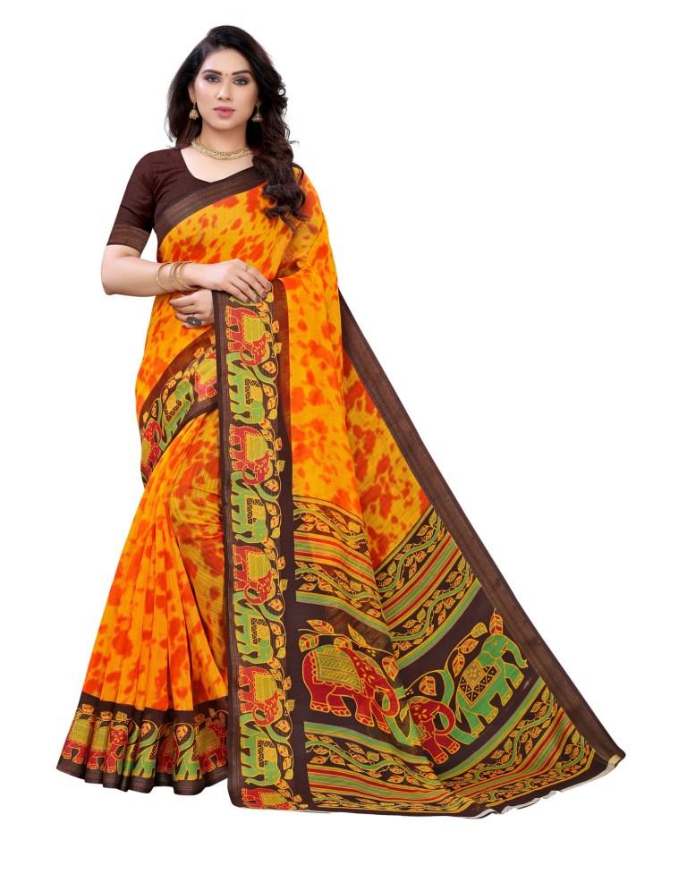 Mustard Yellow Cotton Printed Saree | Sudathi