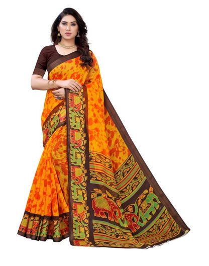 Mustard Yellow Cotton Printed Saree | Sudathi