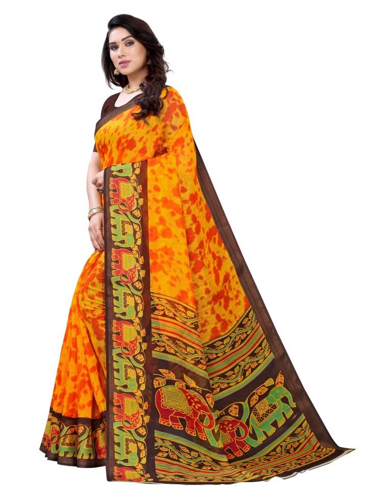 Mustard Yellow Cotton Printed Saree | Sudathi