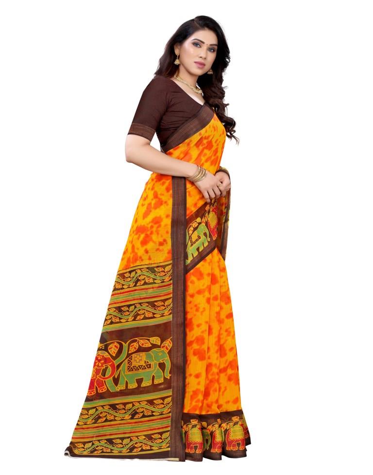 Mustard Yellow Cotton Printed Saree | Sudathi