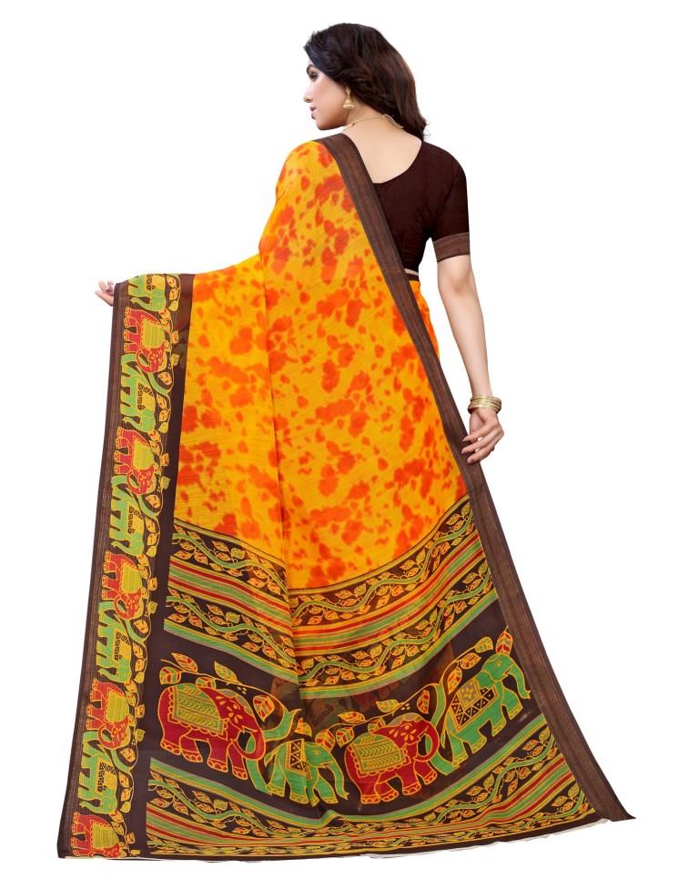 Mustard Yellow Cotton Printed Saree | Sudathi
