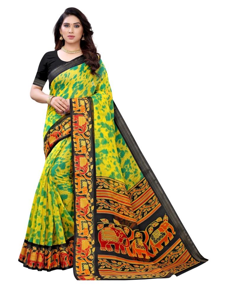 Lime Green Cotton Printed Saree | Sudathi