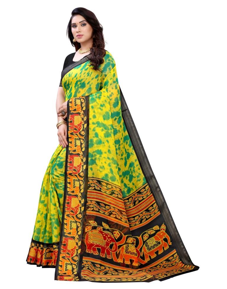 Lime Green Cotton Printed Saree | Sudathi