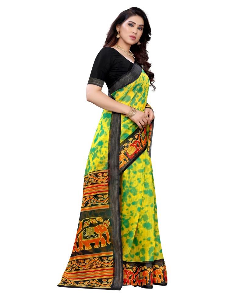 Lime Green Cotton Printed Saree | Sudathi