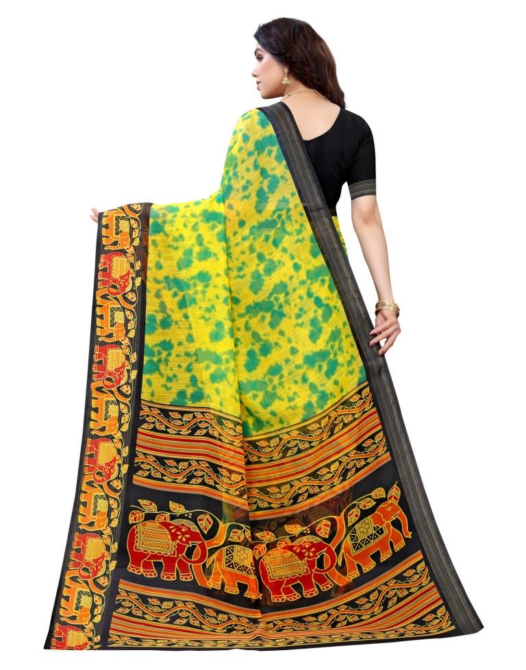 Lime Green Cotton Printed Saree | Sudathi