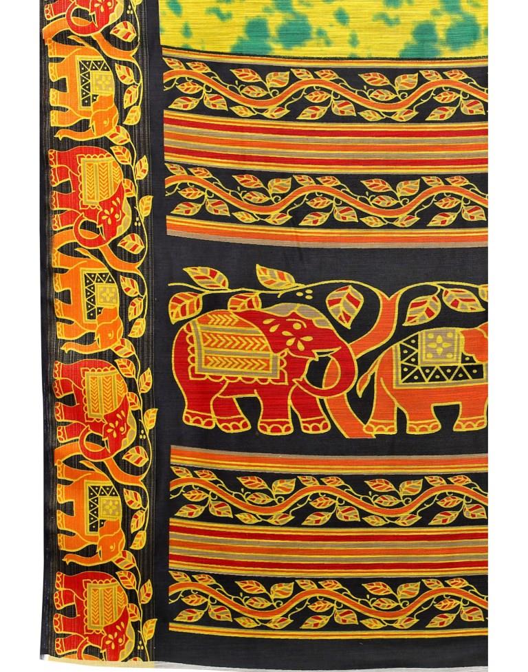 Lime Green Cotton Printed Saree | Sudathi