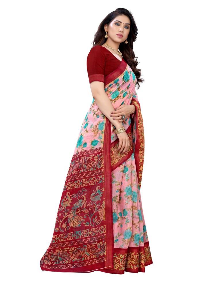Ethereal Pink Cotton Printed Saree | Sudathi