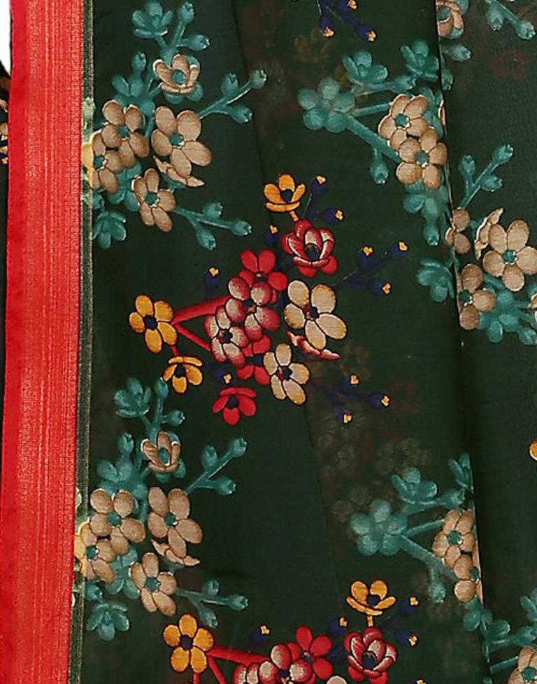 Bottle Green Cotton Printed Saree | Sudathi