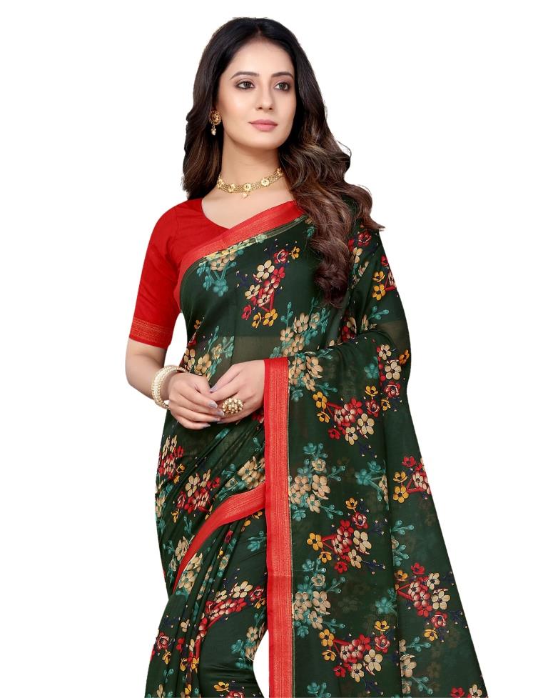 Bottle Green Cotton Printed Saree | Sudathi