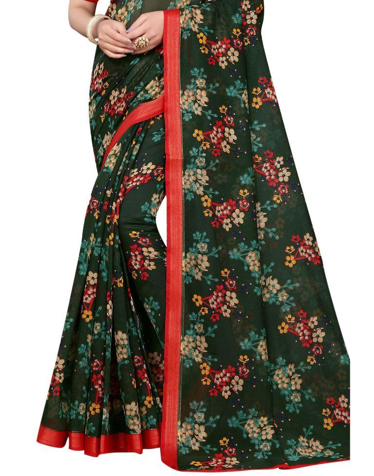 Bottle Green Cotton Printed Saree | Sudathi