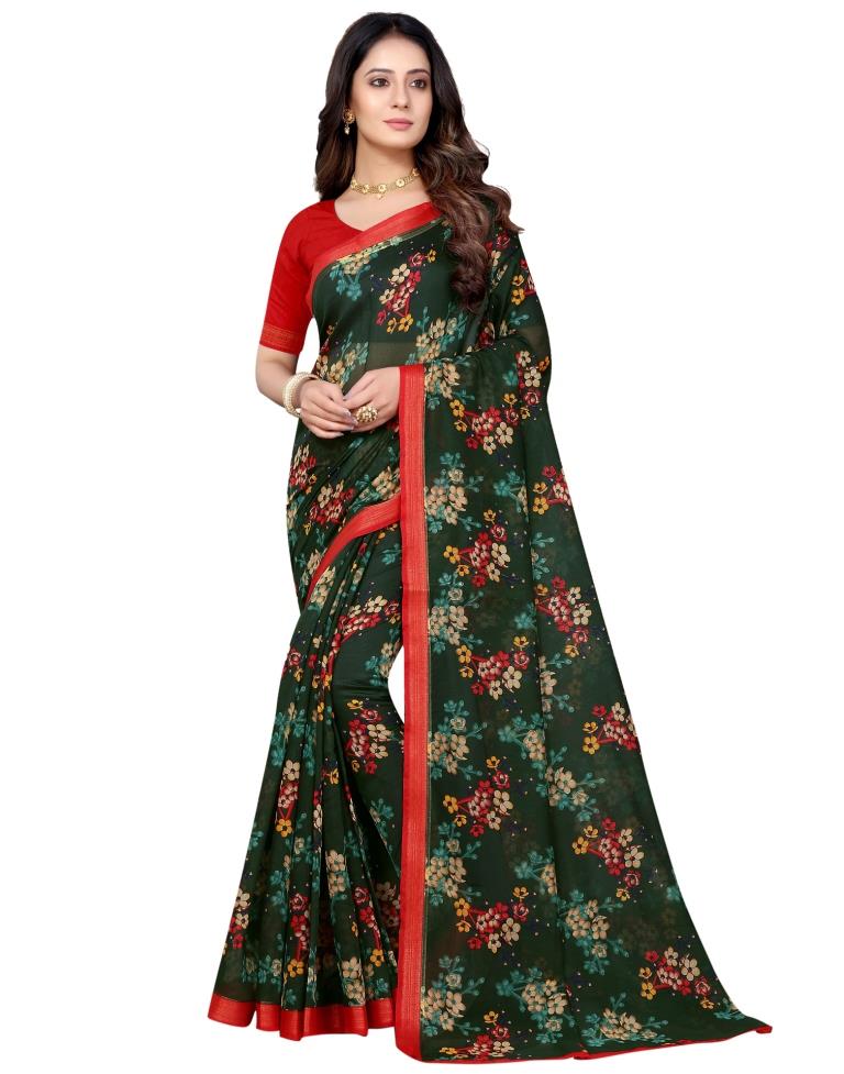 Bottle Green Cotton Printed Saree | Sudathi