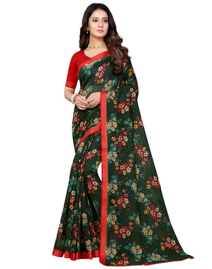 Bottle Green Cotton Printed Saree | Sudathi