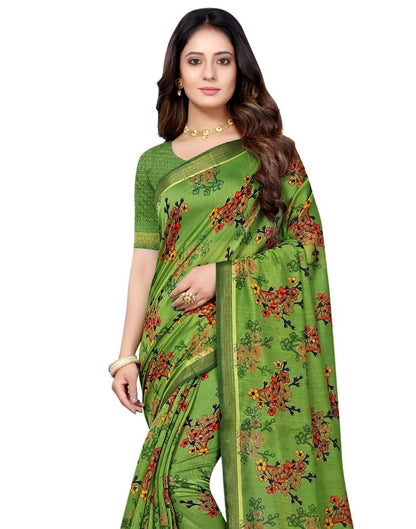Olive Green Cotton Printed Saree | Sudathi