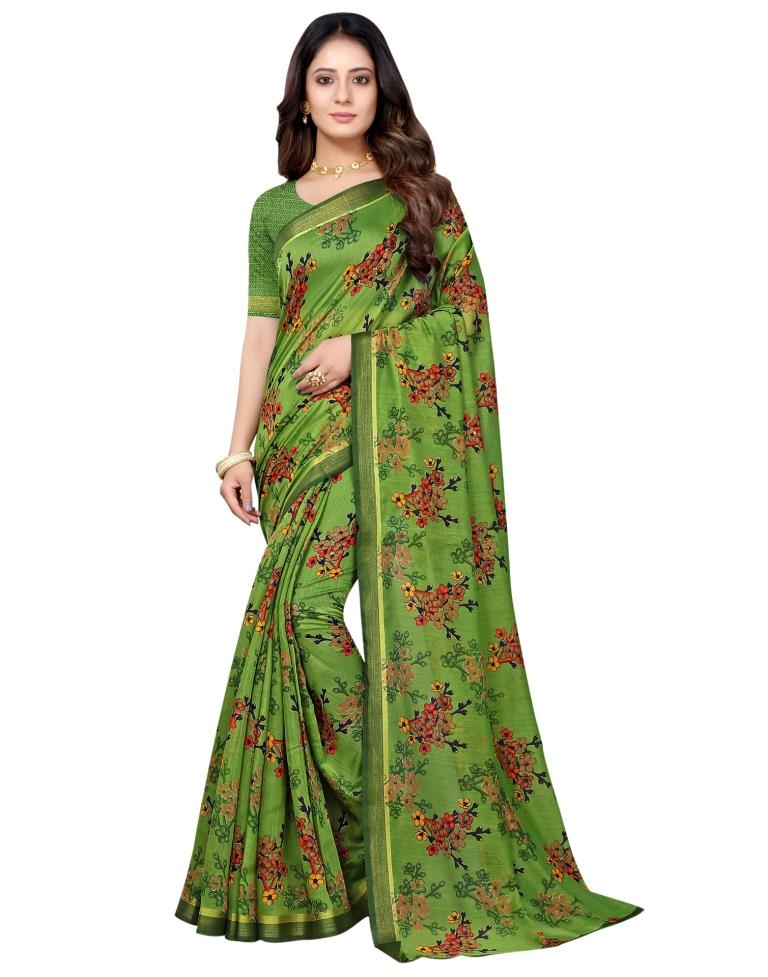 Olive Green Cotton Printed Saree | Sudathi