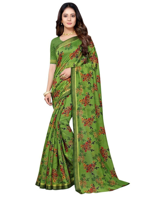 Olive Green Cotton Printed Saree | Sudathi
