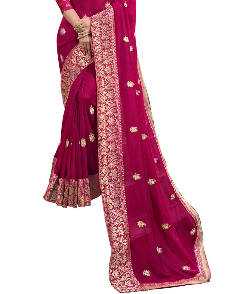 Ruby Pink Embroidered Silk Saree | Sudathi