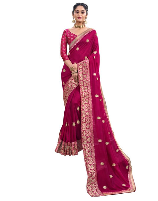 Ruby Pink Embroidered Silk Saree | Sudathi