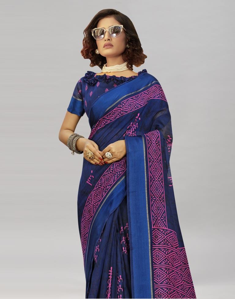 Navy Blue Cotton Printed Saree | Sudathi