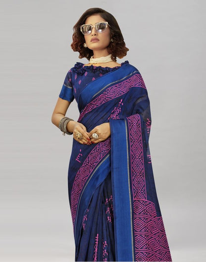 Navy Blue Cotton Printed Saree | Sudathi