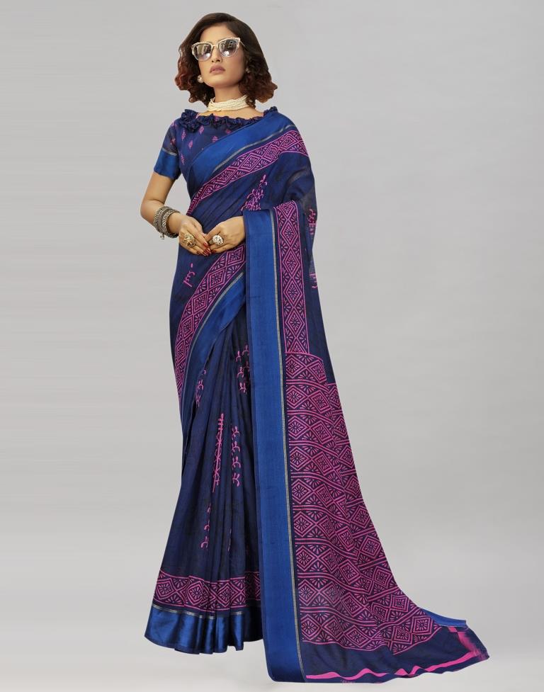 Navy Blue Cotton Printed Saree | Sudathi