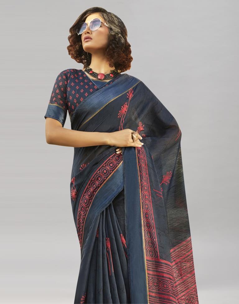 Grey Cotton Printed Saree | Sudathi